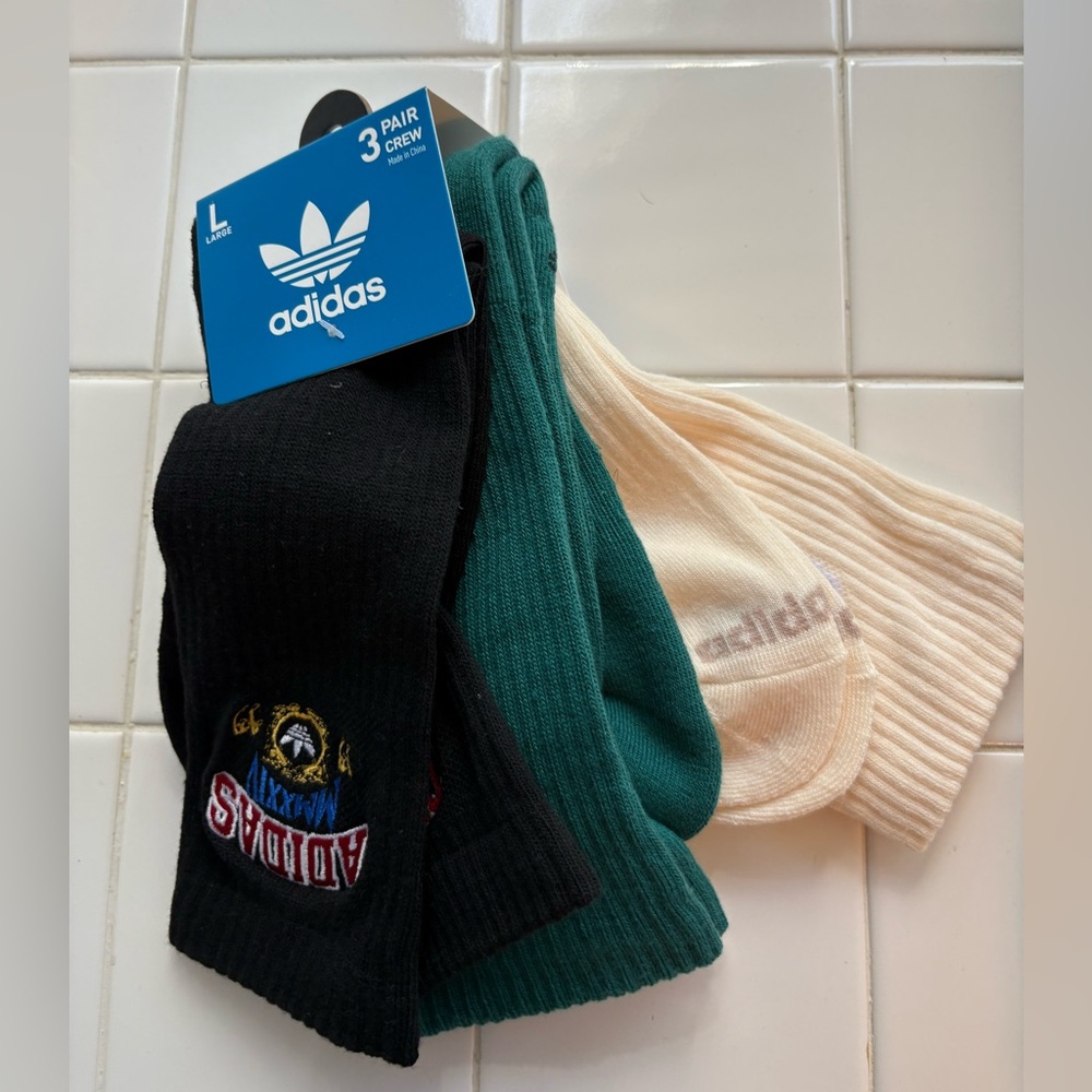 NWT Mens Adidas Original Varsity Crew Socks 3 Pair Size L Black Green Cream